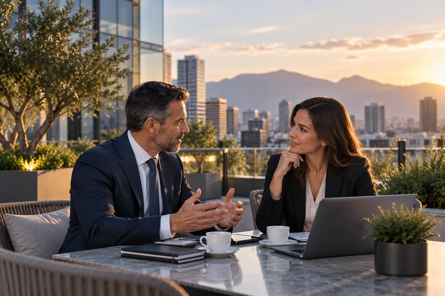 Two professionals meeting on a terrace at sunset