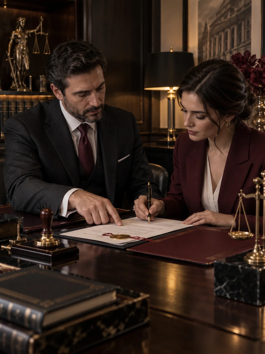 Signing legal documents with a notarial seal in a law office