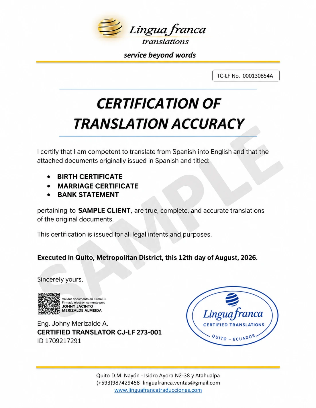 Muestra de un Certificado de Traducción y Exactitud firmado por el traductor